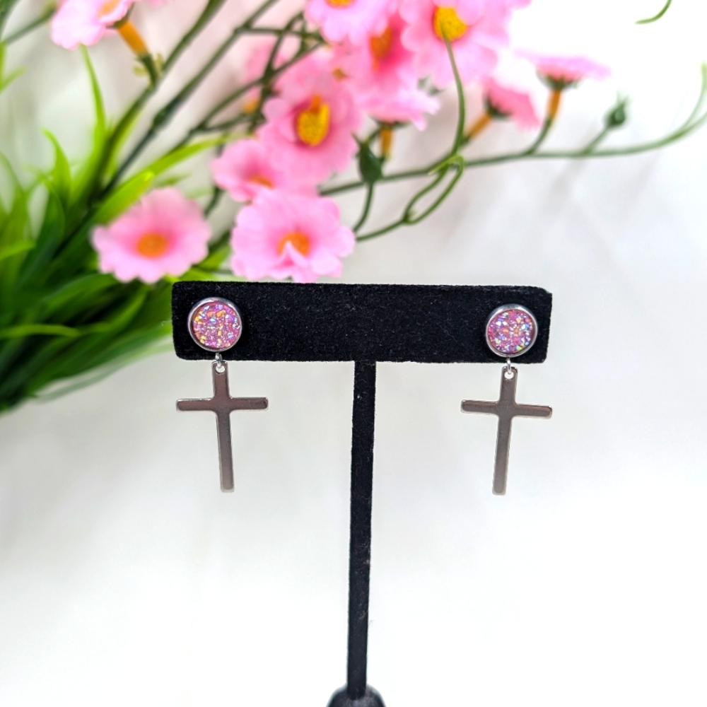 Pink Druzy Style Stud Earrings with Cross Dangles